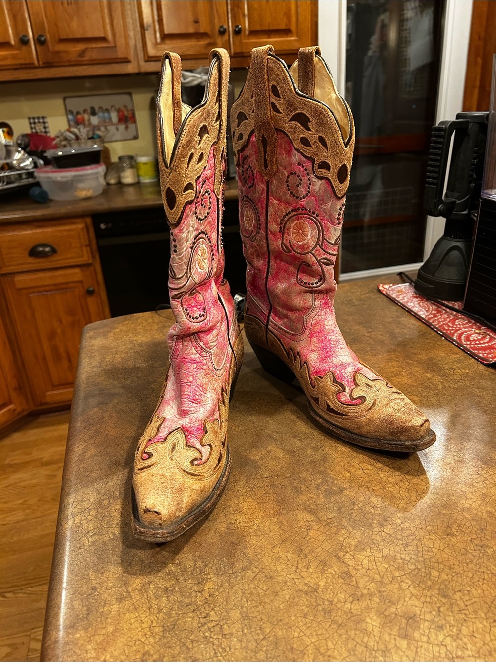 Vintage Distressed Pink & Tan Embroidered Cowboy Boots